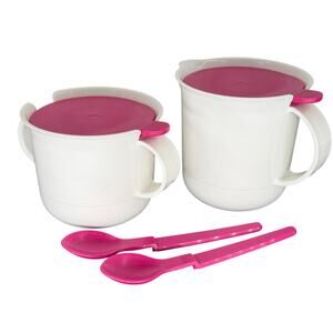 Tupperware Classic Sugar And Creamer Set White With Hot Pink Lids & Spoons VTG